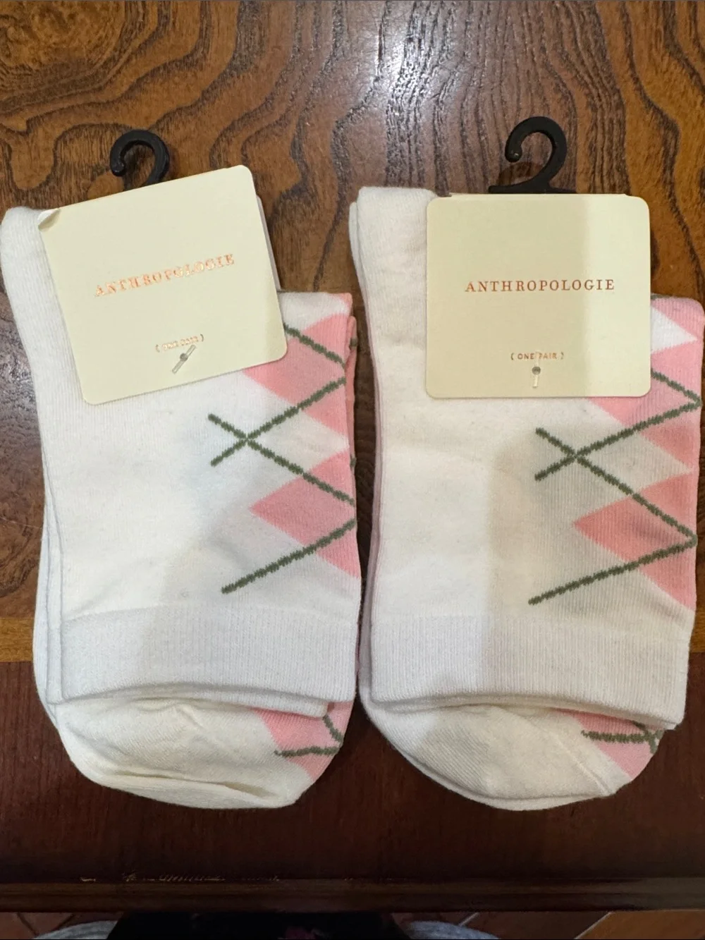 Anthropologie White Crew Socks with Pink and Green Argyle